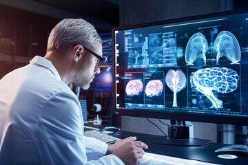 Man scientist analyzes data on brain adaptability on computer. Scientist examines how neural networks respond to environmental stimuli