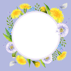 watercolor wreath with summer field flowers, hand draw round frame of yellow dandelions and blow balls, leaves, herbs, butterfly on lilac background