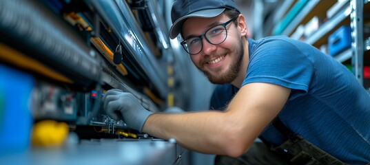 Technician replacing filters in domestic air conditioning split system with space for text placement