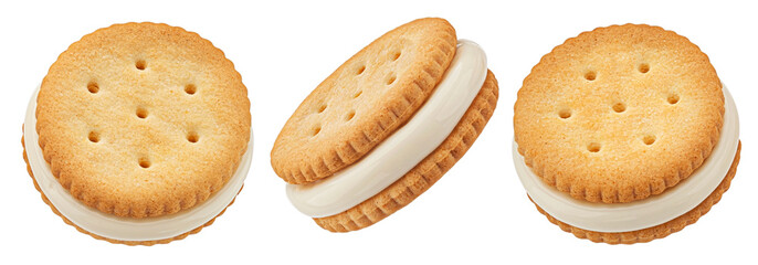 Sandwich cookies, vanilla cream filled biscuits isolated on white background, full depth of field