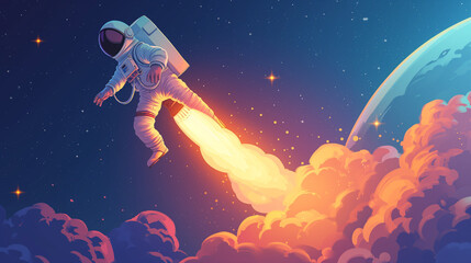 illustration of an astronaut flying in the form of a rocket in cartoon style