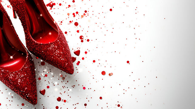 Image of a pair of red glitter glitter heels on white background copy space. generative ai