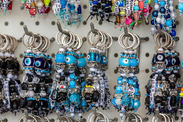 Turkish amulet Evil Eye or blue eye. Keyholder with amulet and name of Bodrum city. Traditional...