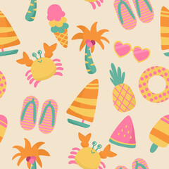 seamless pattern with set summer hand drawn ice cream, lifebuoy, sandals, sunglasses, crab, pineapple, coconut, ship, watermelon vector illustration design for Textiles, printed materials, fabric