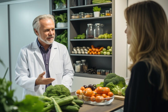 Man nutritionist explains health benefits of greens consumption. Man with grey beard sheds light on essential role of healthy products in overall well-being, close-up