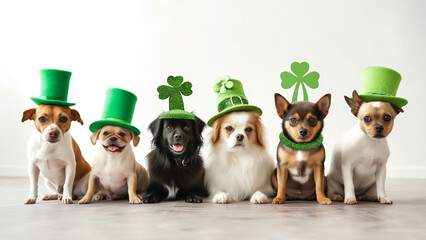 Row of cute dogs wearing green Saint Patrick Day hats. Pretty pets dressed in costumes create...