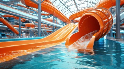 Water slides and swimming pool in aqua park. Amusement park on tourist resort