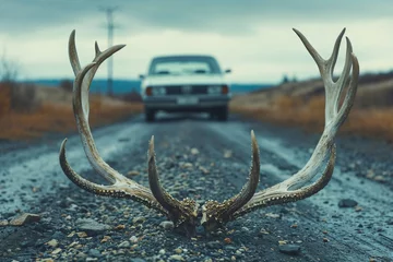 Foto op Canvas A pair of antlers lies abandoned on the gravel road. A white car stands still in the distance. Generative AI image. © Mark K. Barry