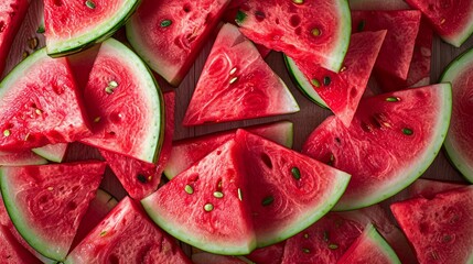 Close up and macro view of juicy and fresh watermelon wedges, arranged from a top perspective