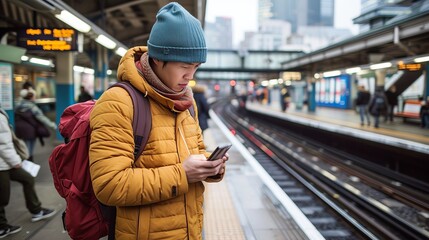 Asian man on train station platform, checking mobile phone for updates and information