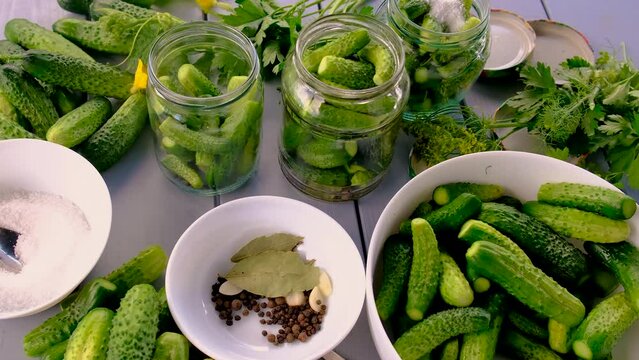 preservation of cucumbers in jars. Selective focus.