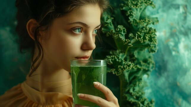 Healthy young beautiful woman holding and enjoying nutritious green smoothie in glass glass