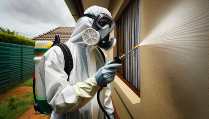 A pest control operator wearing full PPE in Africa spraying the walls of houses as part of a treatment against mosquitoes.This will kill mosquitoes that come in contact with the treated surfaces