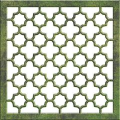 Fototapeta premium Arabic geometric lattice pattern. Islamic ornament mashrabiya panel. Wall screen or frame window. Islamic motif, 3d grill. Isolated on white background. Artistic metal casting. Illustration