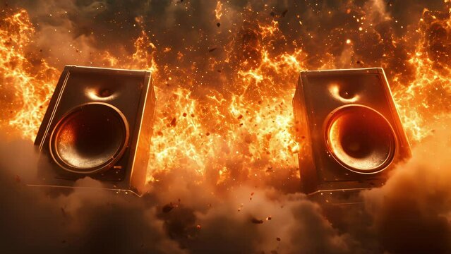A blur of flickering lights and flying debris surrounds the explosive speakers the physical manifestation of the musics electrifying impact on the audience.