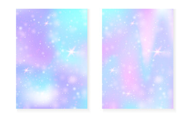 Kawaii background with rainbow princess gradient. Magic unicorn hologram. Holographic fairy set. Fluorescent fantasy cover. Kawaii background with sparkles and stars for cute girl party invitation.