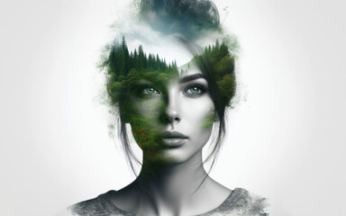 portrait of a woman with double exposure, forest background