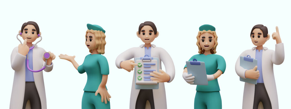 Composition with cartoon female and male doctors with stethoscope, clipboard with document