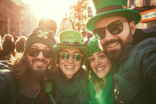 Outdoor selfie moment with friends wearing green hats and sunglasses. Cheerful people enjoy Saint Patrick Day festival on sunny spring day