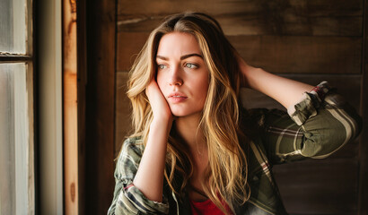 Fototapeta premium Pensive Young Woman Sitting by the Window