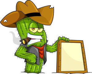 Funny Cactus Cowboy Cartoon Character Holding Wooden Blank Sign. Vector Hand Drawn Illustration Isolated On Transparent Background