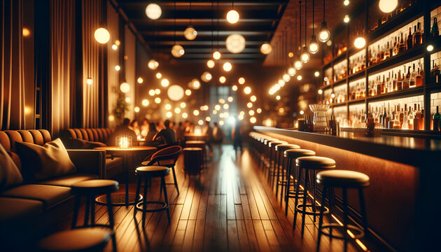Softly blurred bar scene with ambient bokeh lights.
Generative AI.