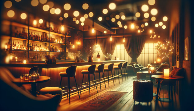 Softly blurred bar scene with ambient bokeh lights.
Generative AI.