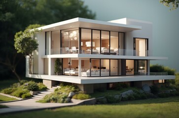 Miniature modern house with green trees. 3d illustration