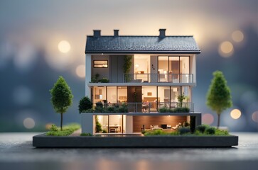 Miniature modern house with green trees and bokeh background