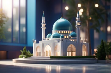 miniature luxury mosque with green trees and bokeh background. 3D miniature mosque