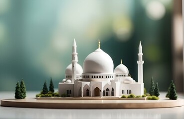 miniature white mosque with green trees and bokeh background. ramadan kareem concept