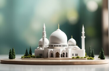 Obraz premium miniature white mosque with green trees and bokeh background. ramadan kareem concept