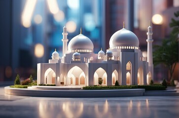 miniature luxury white mosque with green trees and bokeh background