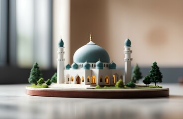 miniature luxury mosque with green trees and bokeh background