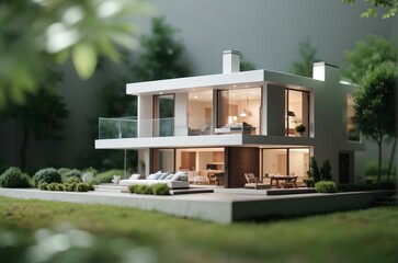 Miniature minimalist house with green trees and bokeh background