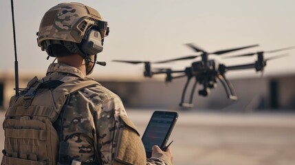 Modern warfare, soldiers using drones for strike and reconnaissance