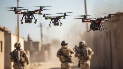 Fototapeta na wymiar Modern warfare, soldiers using drones for strike and reconnaissance