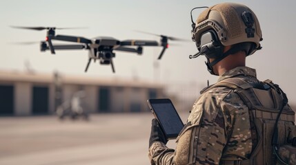 Fototapeta premium Modern warfare, soldiers using drones for strike and reconnaissance