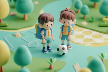 小学生の男の子二人とサッカーボール-