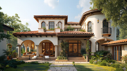 the beauty of a Mediterranean-style home with stucco walls, tiled roofs, and a warm, sunny palette. 