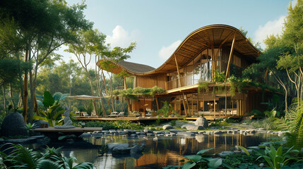 Fototapeta na wymiar a bamboo house with an eco-friendly design and a peaceful, natural setting. 