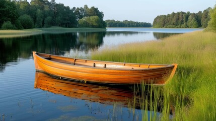 Tranquil dawn with serene reflections of a wooden boat on a calm lake, immersed in nature s peace