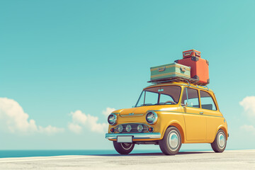 Small and cute yellow retro travel car with luggage