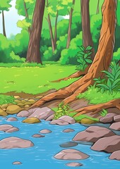 Landscape with Forest River. Children's book illustration in cartoon style.