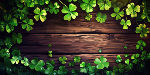 Green clover leaf isolated on wooden background. with leaved shamrocks. St. Patrick's day holiday symbol. Lucky green clover and nature background	
