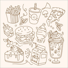 set of hand drawn, food and milkshake