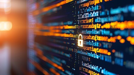 Secure software development on computer screen with padlock symbol and blurred background