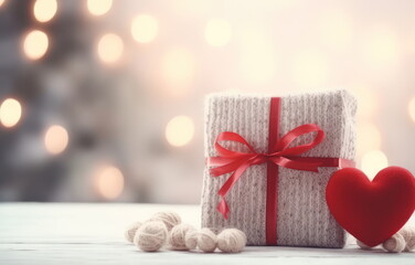 Concept of valentine day. Gift box and red heart shape models on bokeh background.