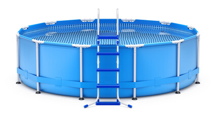 Front view of portable outdoor frame swimming pool with ladder - 3D illustration - 728343708