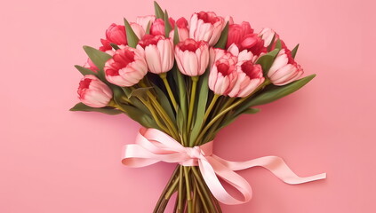 Tulip flowers on pink background. Concept of valentine day.